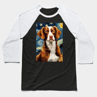 Adorable Brittany Spaniel Dog Breed Painting in a Van Gogh Starry Night Art Style Baseball T-Shirt
